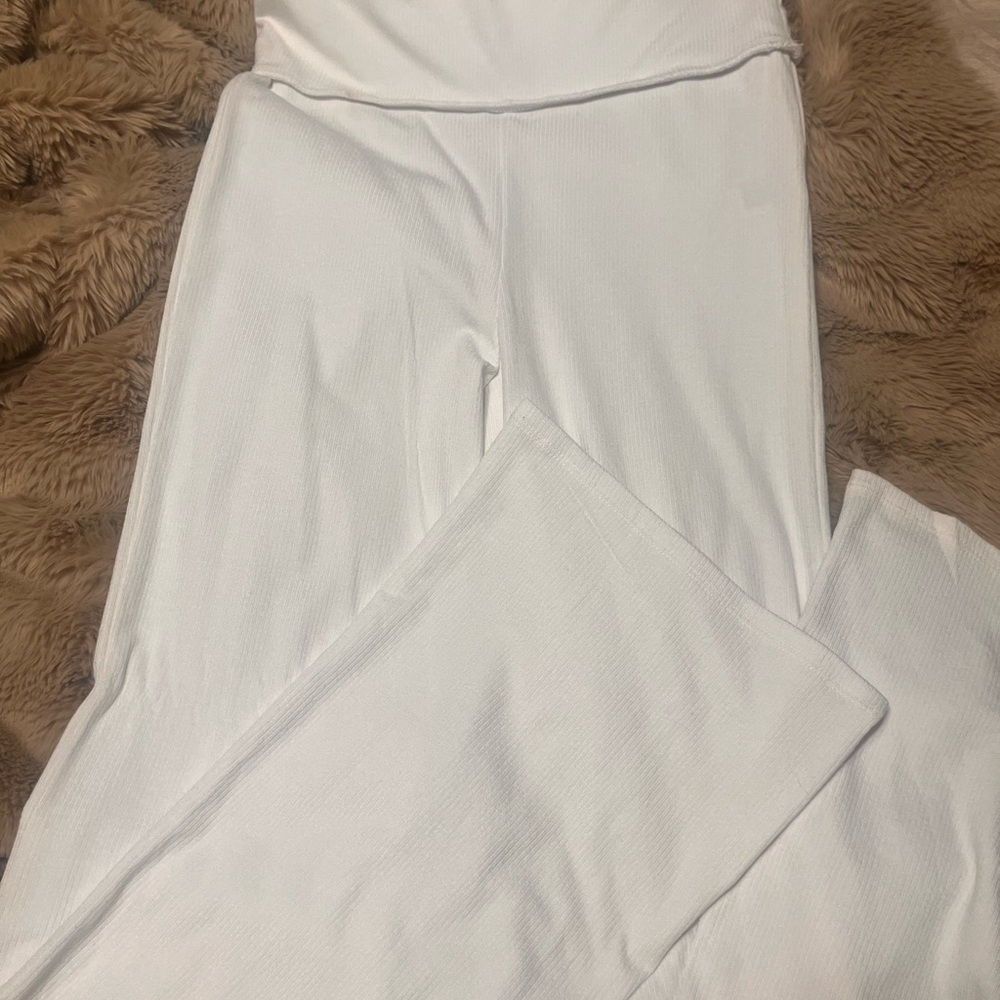 White Ribbed fold-over flare leggings